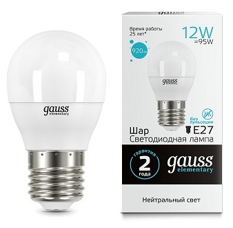Лампа LED G45 E27 4100К 12Вт 920Лм Elementary Gauss