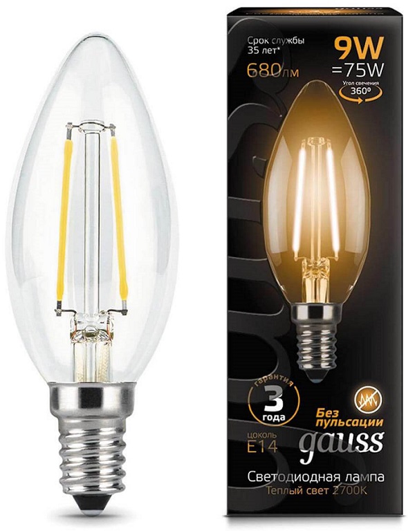 Лампа LED C35 E14 2700К 9Вт 680Лм Filament Gauss