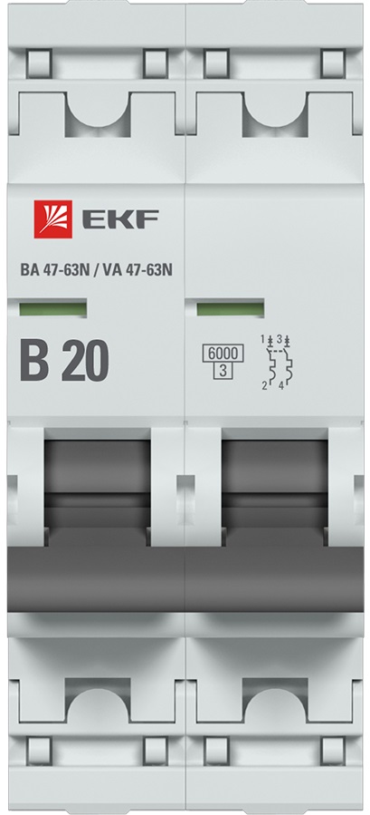 Автоматический выключатель 2P 20А (B) 6кА ВА 47-63N EKF PROxima