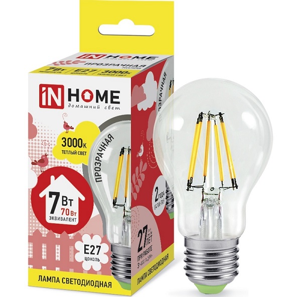 Лампа LED-A60-deco 7Вт 230В Е27 3000К 630Лм прозрачная IN HOME