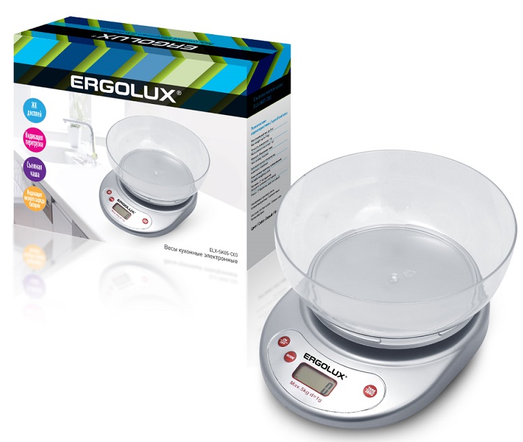 Весы кухонные со съемной чашей серые металлик (до 5 кг.) ERGOLUX ELX-SK05-C03