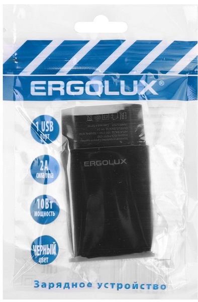 Сетевое ЗУ ERGOLUX ПРОМО (1USB, 100-220В, 5V/2А, Черный, Пакет)