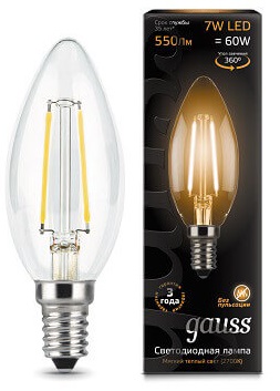 Лампа LED C35 E14 2700К 7Вт 550Лм Filament Gauss