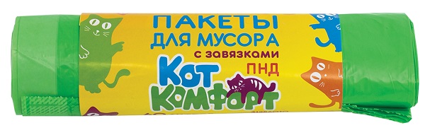 Пакеты для мусора с завязками 60л 10шт 17мкм (ПНД зеленый повышенной прочности) (25/5) КотКомфорт