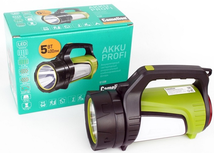 Фонарь Camelion E1338 (аккум. черн/зел, USB2.0, Micro USB, Powerbank, 5Вт, 6А-ч, пластик, кор.)