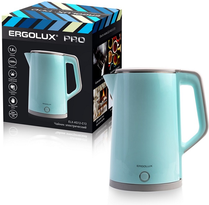 Чайник электрический голубой 1,8 л. нерж. сталь/пластик 2200Вт ERGOLUX ELX-KS12-C13 PRO (нерж. сталь