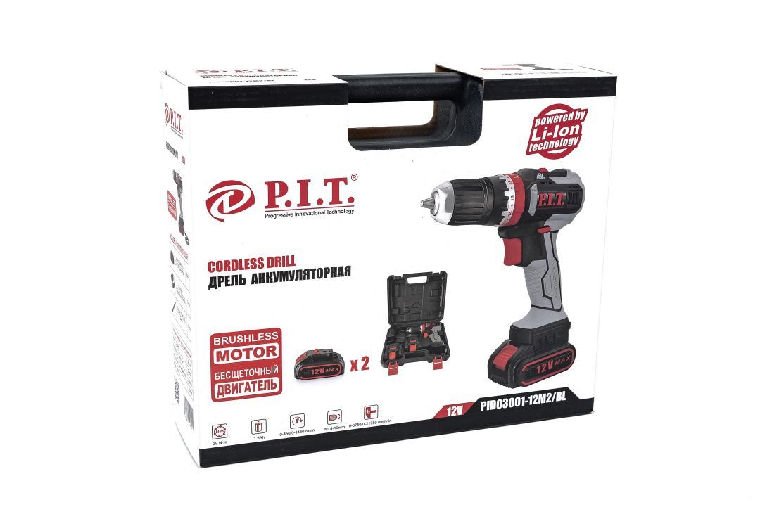 Шуруповерт бесщеточный PID03001-12M2/BL (12В, акб 1,5 Ач, 28Нм, с функцией удара ,фикс. шпинделя) P.