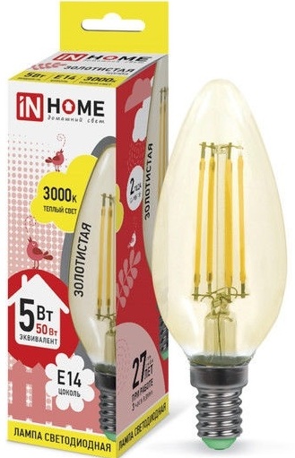 Лампа золотистая LED-СВЕЧА-DECO 5Вт 230В Е14 3000К 450Лм  IN HOME
