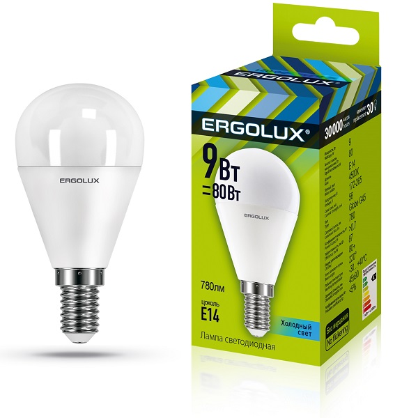 Лампа светодиодная Ergolux  LED-G45-9W-E14 Шар 4500K 172-265В)