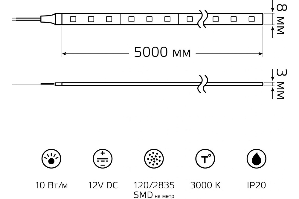 Лента Gauss Basic 12V 10W/m 700lm/m 3000K 8mm IP20 LED 5m 1/100