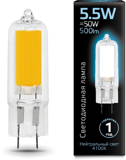 Лампа Gauss LED G4 AC220-240V 5.5W 500lm 4100K Glass 1/10/200