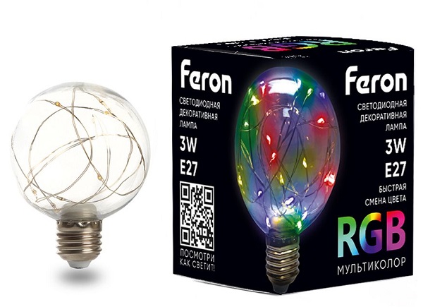Лампа светодиодная 3W 230V E27 RGB G80, LB-381