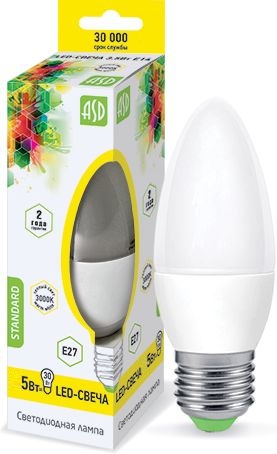 Лампа LED-СВЕЧА-standard 5.0Вт 220В Е27 3000К 400Лм ASD