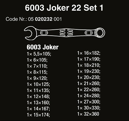 6003 Joker 22 Set 1 Набор комбинированных гаечных ключей, 22 предмета