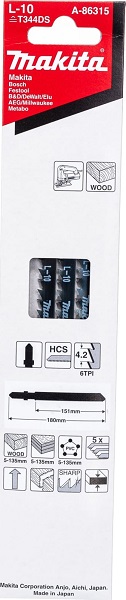 Пилки для лобзика № L10 155мм 5шт. Makita (A-86315) для неспецефической распиловки древесины,железа,
