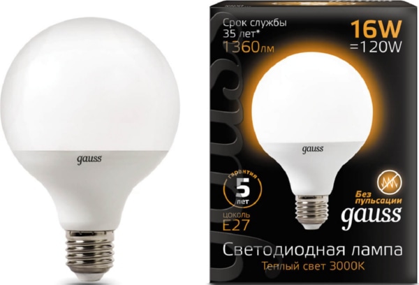 Лампа Gauss LED G95 E27 16W 1360lm 3000K 1/20