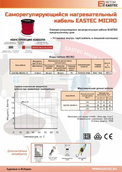 EASTEC MICRO 10 - CTW,SRL 10-2CR M=10W, греющий кабель с пищевой оболочкой