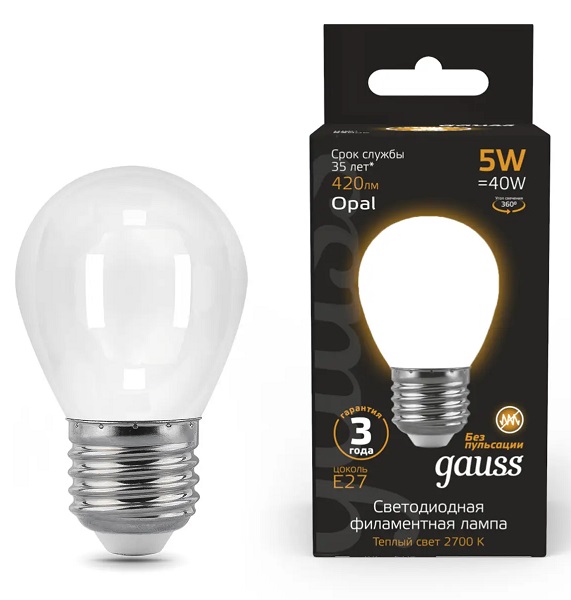 Лампа GAUSS LED Filament Шар OPAL 5W Е27 2700К 420Lm