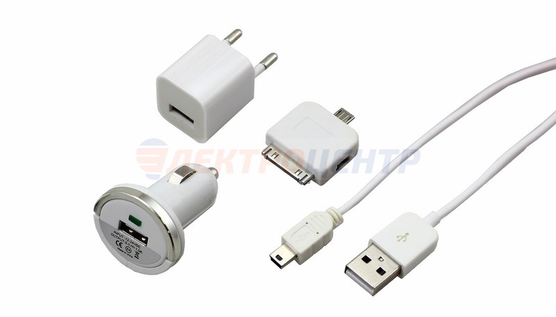 Комплект СЗУ, АЗУ, кабель miniUSB-USB, переходник microUSB, 30 pin , белый REXANT