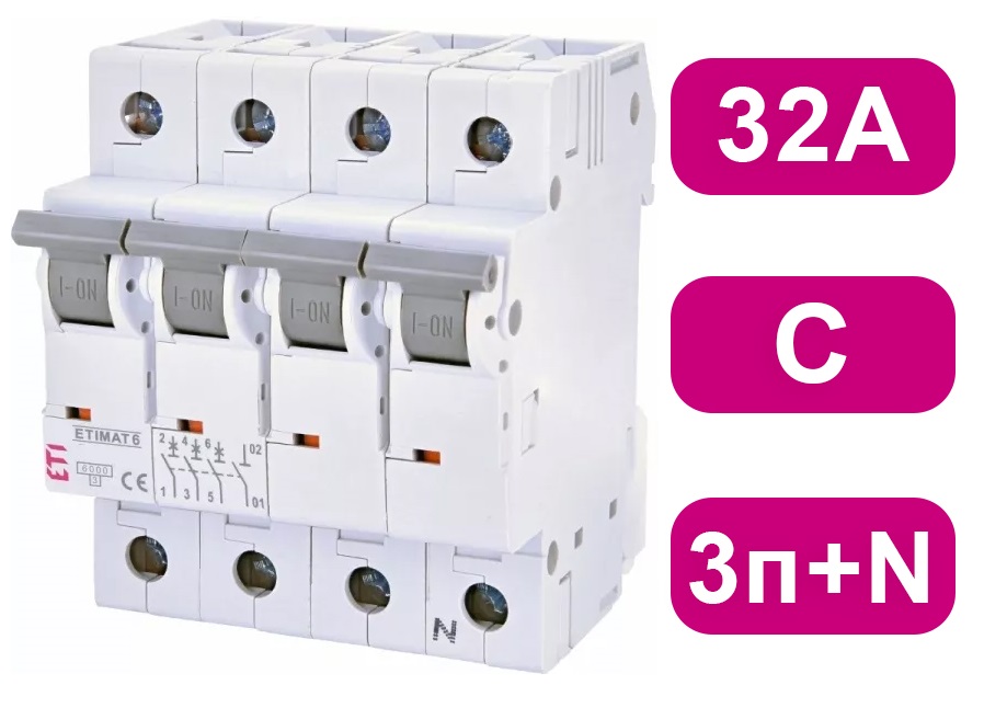 Автоматический выключатель ETIMAT6 C32/3N 6кA ETI