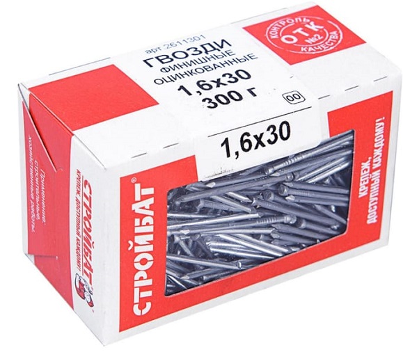 Гвозди 1,6*30 финишные цинк (300 гр.) (Стройбат), уп