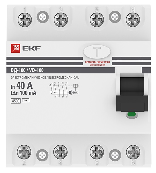 Устройство защитного отключения УЗО ВД-100 4P 40А/100мА (электромеханическое) EKF PROxima