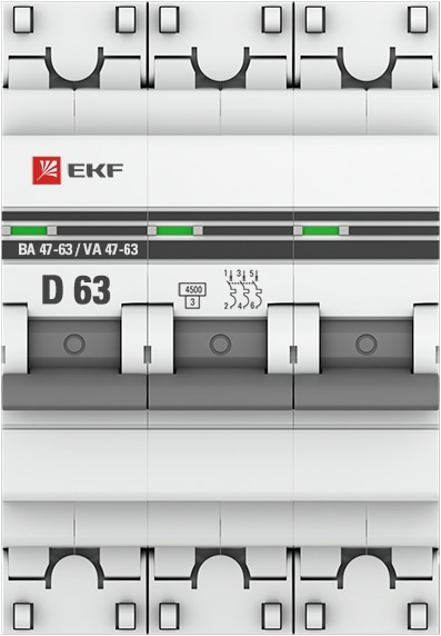 Автомат ВА 47-63 3P 63А (D) 4,5кА 400В PROxima