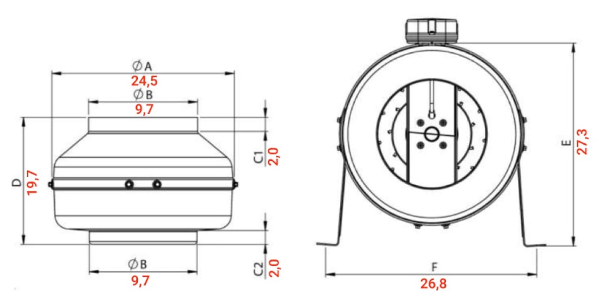 Круглый канальный вентилятор BDTX 100 (240м3/ч, 230В, 44дБ, IP44)