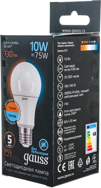 Лампа GAUSS LED A60 10W 220V E27 930lm 2700K/4100K CTC двухцветная