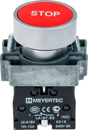 Кнопка плоская с маркировкой, красная, знак "stop", 1NC,мет. MTB2-BAZ12434