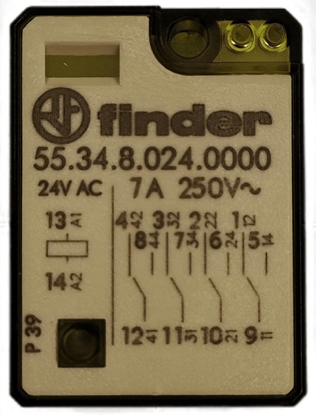 Миниатюрное реле 55.34.8.024.0000 24AC, 4гр.к. 7А (без кнопки тест)