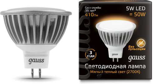 Лампа GAUSS LED MR16 5W 220V GU5.3 2700K 500Lm