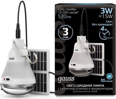 Лампа Gauss Led A60 3W 130lm 4000K с солнечной панелью 1/40