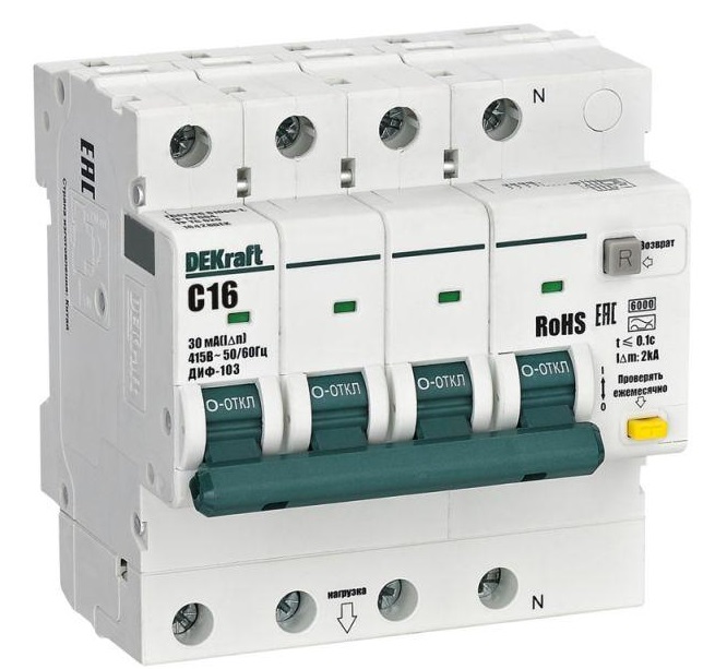 АВДТ ДИФ-103 C16/3P+N 30мА, тип AC, 6кА Dekraft