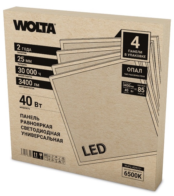 Панель LED 40Вт 6500К IP40 3400лм Опал WOLTA