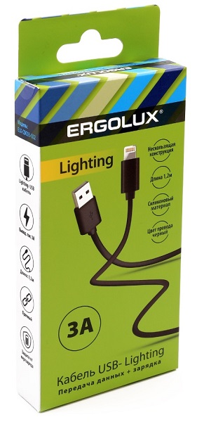 Дата-кабель ERGOLUX ELX-CDC01-C02 (USB-Lightning, 3А, 1,2м, Черный, Зарядка+Передача данных, Коробка