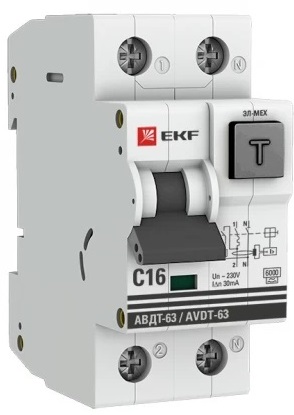 Дифференциальный автомат АВДТ-63 16А/30мА (характеристика C, эл-мех, тип А) 6кА EKF PROxima