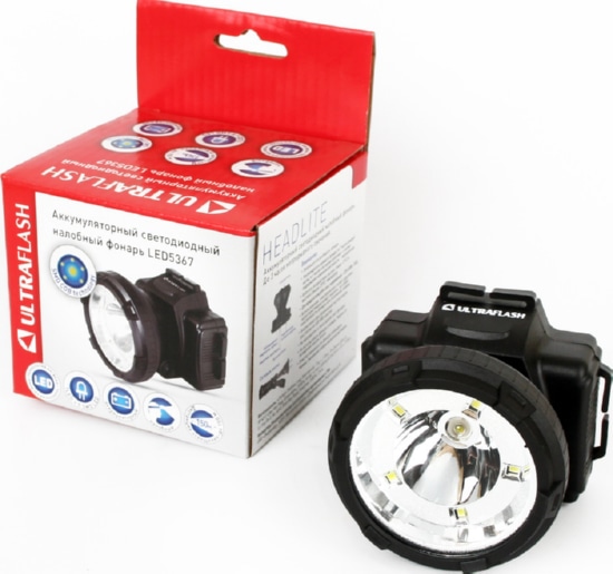 Фонарь Ultraflash LED5367 (налобн аккум 220В, черный, 1,2 Вт LED+5SMD, 2 реж, пласт, бокс)