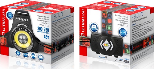 Фонарь Ultraflash E1335 (налоб акк 3,7В, черный, 2LED, 4 Ватт, фокус, 2 ак 4 реж, метал, бокс)