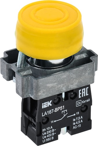 Кнопка управления LA167-BP51 d=22мм 1з желтая IEK