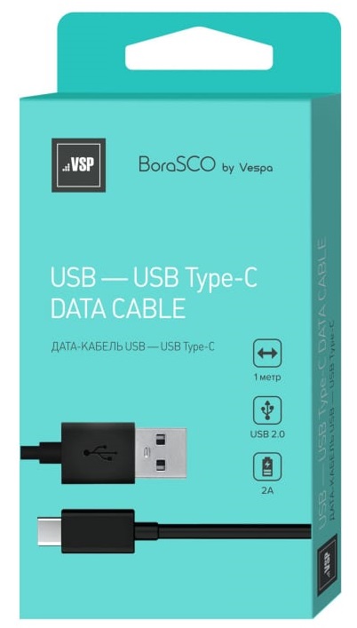 Дата-кабель USB-Type-C, 2А, 1м, черный, Borasco