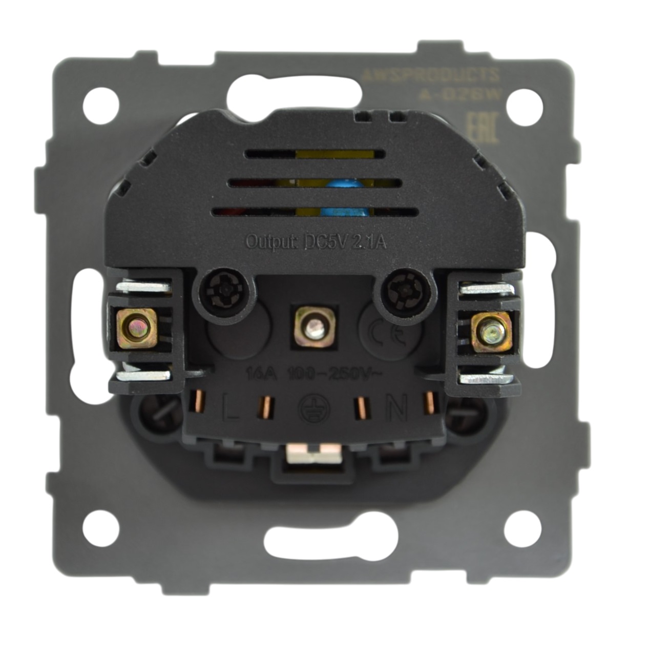 Розетка 1-я с/з с шторками с USB и TYPE C (5В, 2.1А) белая A-026W "Aura" AWSproducts