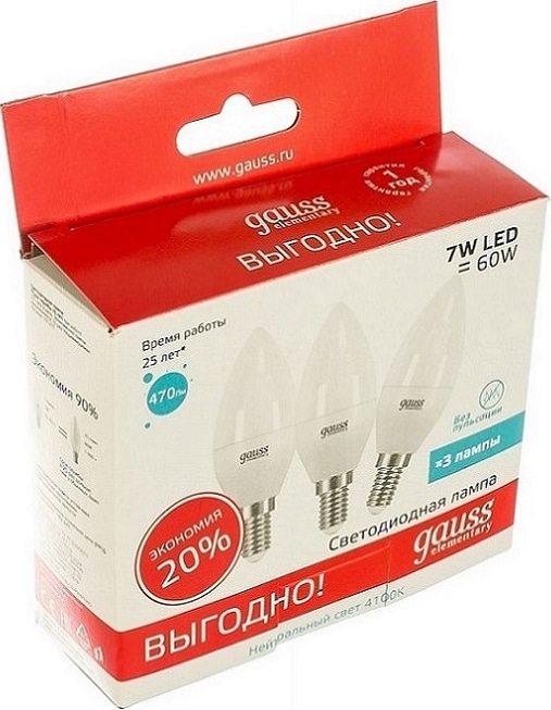 _упак_Лампа Gauss Elementary LED Свеча 7W 220V E14 4100K 470Lm (1упак.-3шт, цена за 3шт.)