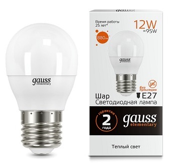 Лампа Gauss Elementary LED  Шар 12W 220V E27 3000K 880Lm