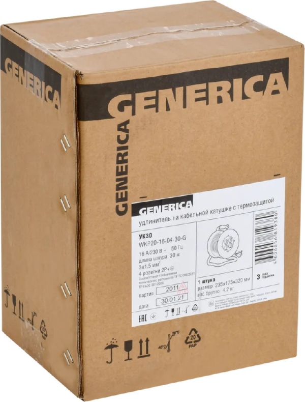 Удлинитель на катушке 4гн. 30м с/з ПВС 3х1,5мм2 УК30 GENERICA