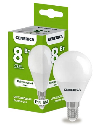 Лампа LED G45 шар  8Вт 230В 4000К E14 800Lm GENERICA
