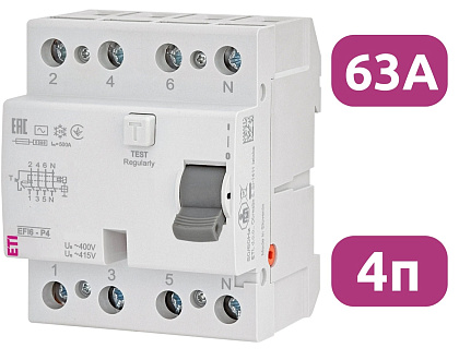 УЗО EFI6-P2 63/4/0.03 30мА, тип АС, 6кА ETI