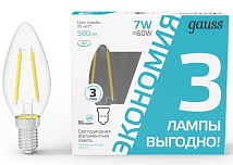 Лампа LED C35 E14 4100К 7Вт 580Лм упак. 3Шт Filament Elementary Gauss
