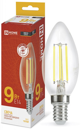 Лампа LED C35 Е14 3000К 9Вт 1040Лм прозрачная IN HOME