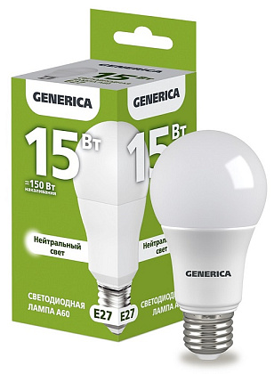 Лампа LED A60 груша 15Вт 230В 4000К E27 1500Lm GENERICA